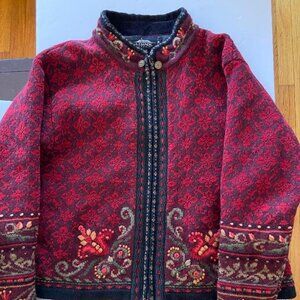 Icelandic Design Women’s Wool Knit Zipper Lined Embrodiered Sweater, Size Medium